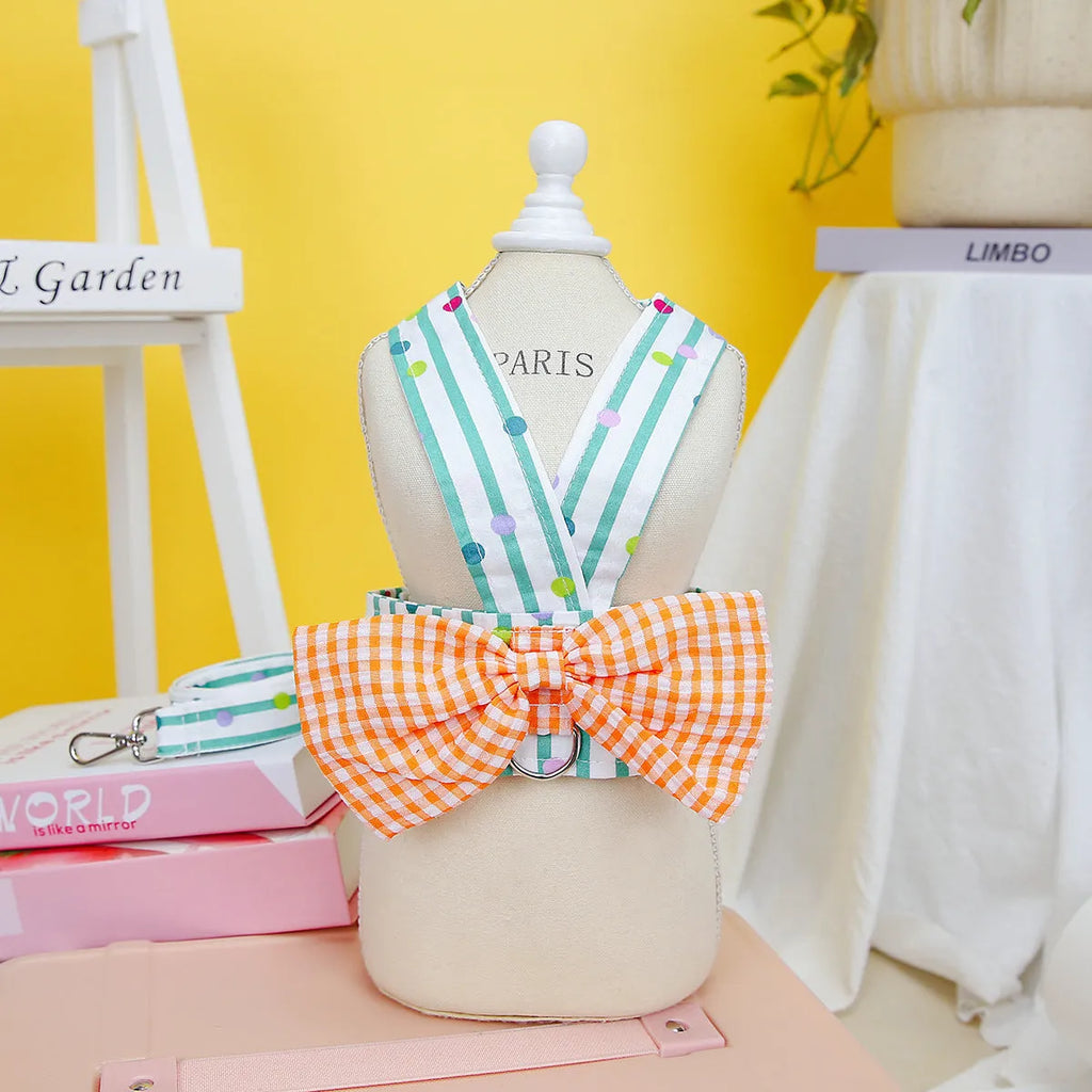 Cotton pet clothing with vertical bar bow on chest and back, shown in green, orange and blue stripes, sizes S to XXL