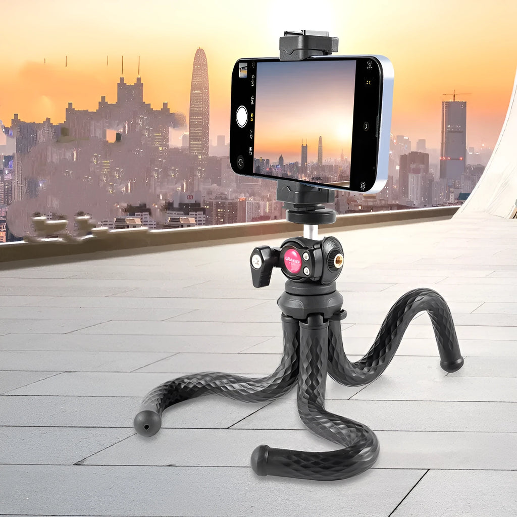 Black octopus-style flexible tripod with phone clip, extended to 360mm length