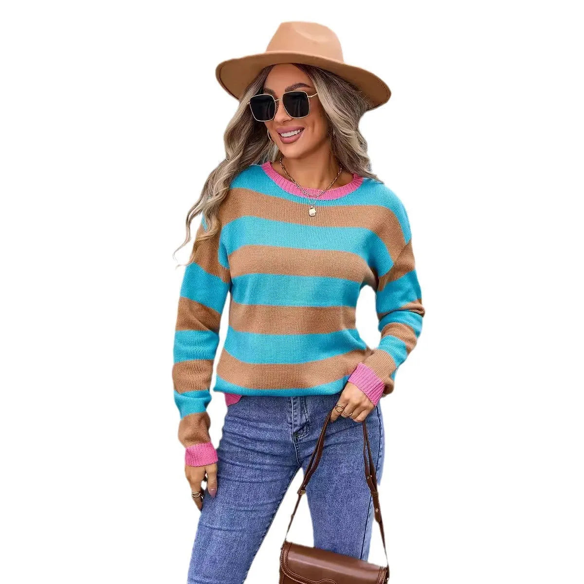 Women's loose fit long sleeve striped acrylic sweater in blue colour