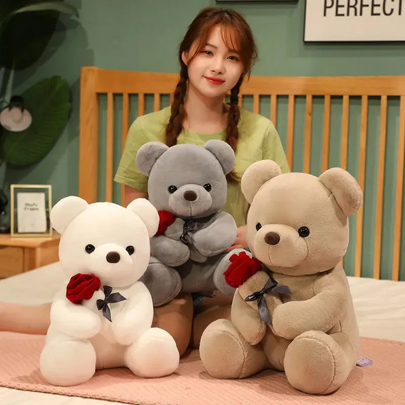 Rose bear plush teddy doll in beige, brown, or grey with PP cotton filling and multiple size options