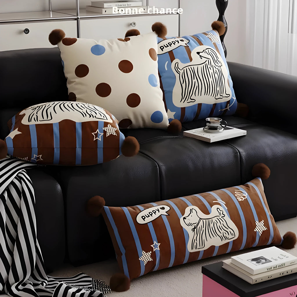 Cartoon design sofa cushion in blue, brown or white colours showing 45x45cm, 60x60cm and 30x70cm size options