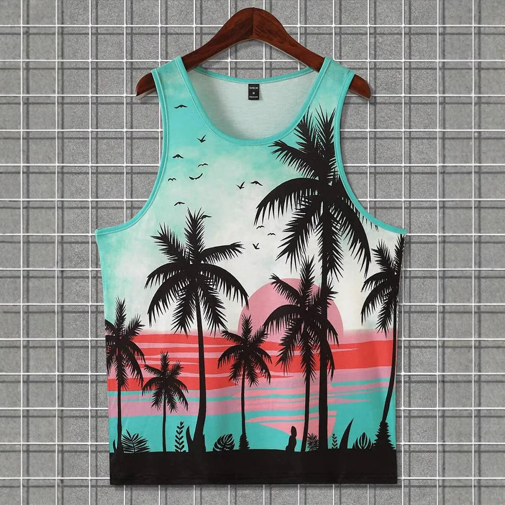 Man wearing a solid-colour 3D printed sleeveless vest in a casual Hawaiian style.