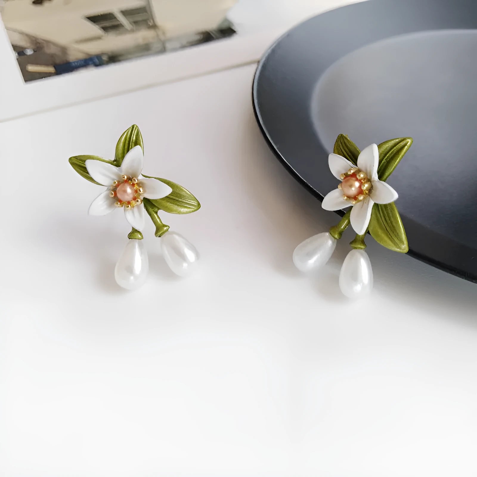 Sterling silver colour camellia flower earrings with needle studs and matching clip in contrast colours