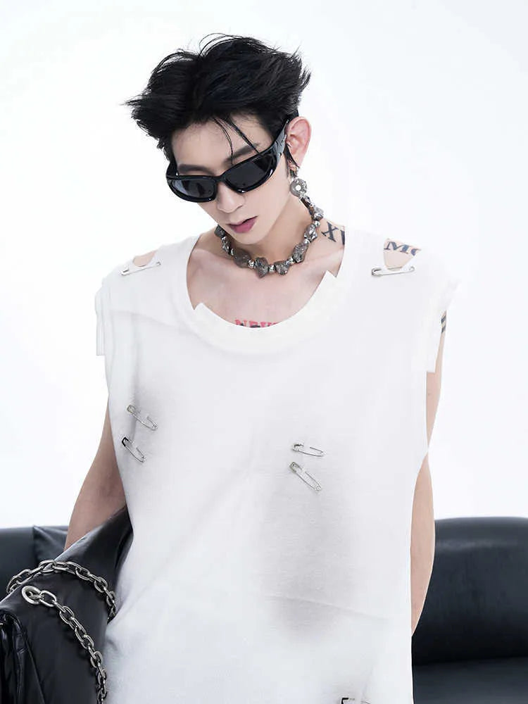 Men's black sleeveless vest waistcoat with irregular ripped cutting detail on a round neck collar.