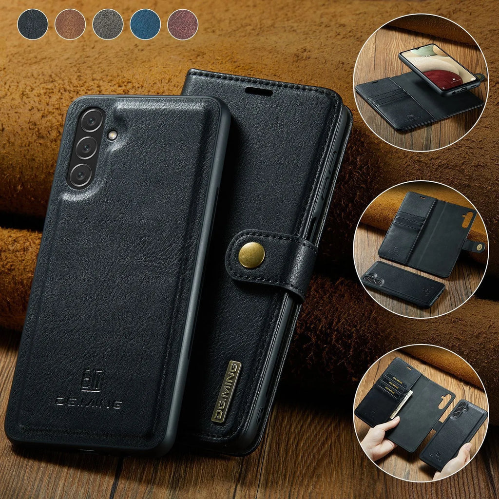 Magnetic wallet phone case for Samsung S22 S23 S24 S25 in black with kickstand and card slots