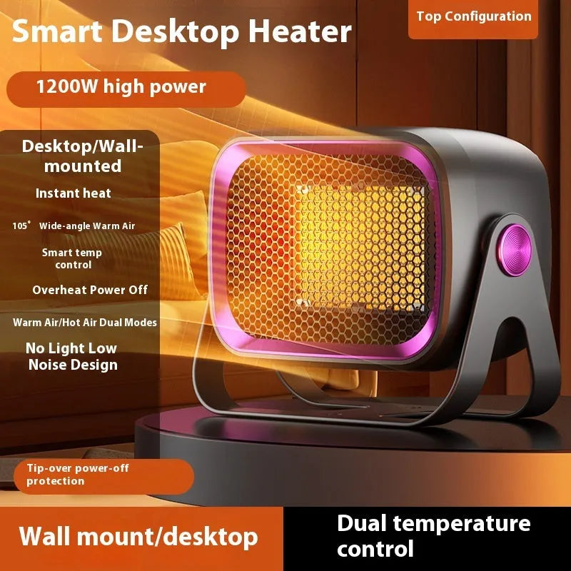 Grey compact desktop ceramic electric heater with rotatable body on a wooden desk.