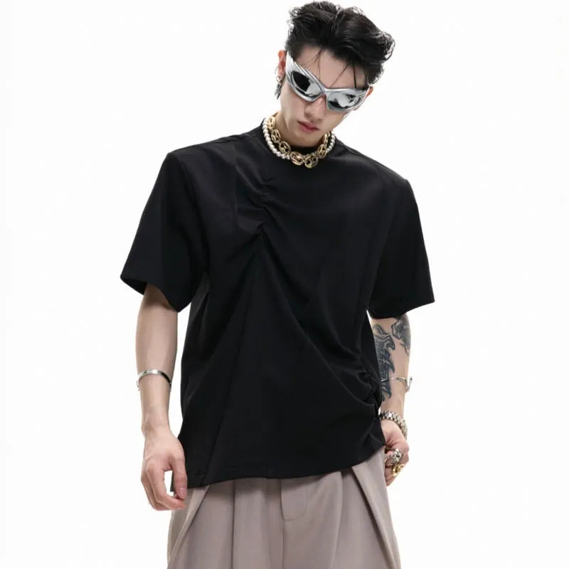 Men's cotton T-shirt with asymmetric stitching detail in solid colour and loose fit
