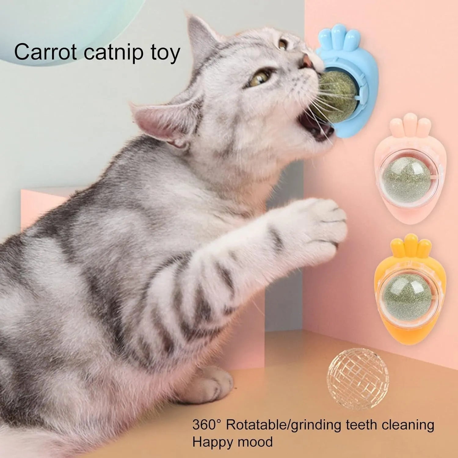 Blue self-adhesive catnip carrot toy for wall mounting and teeth cleaning