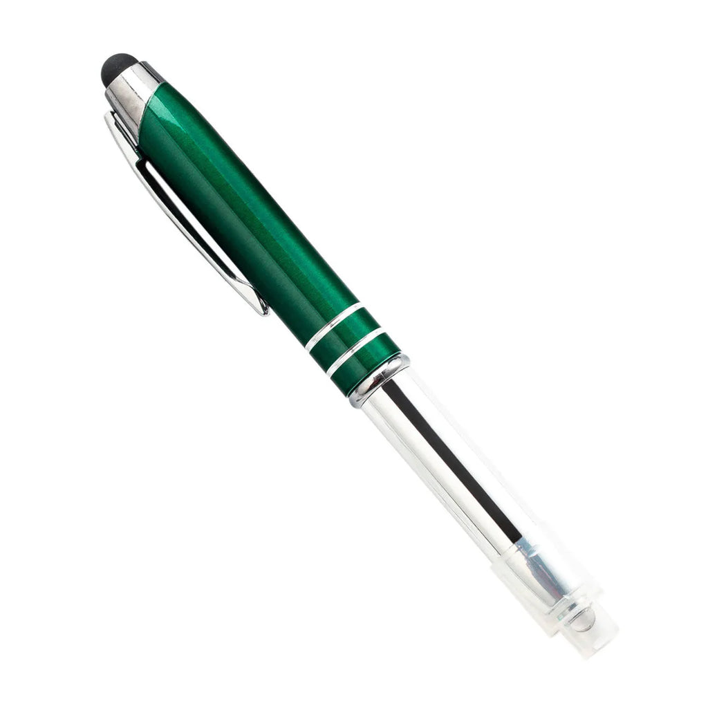 Red metal capacitive stylus and ballpoint pen with a built-in LED light on a desk next to a tablet.
