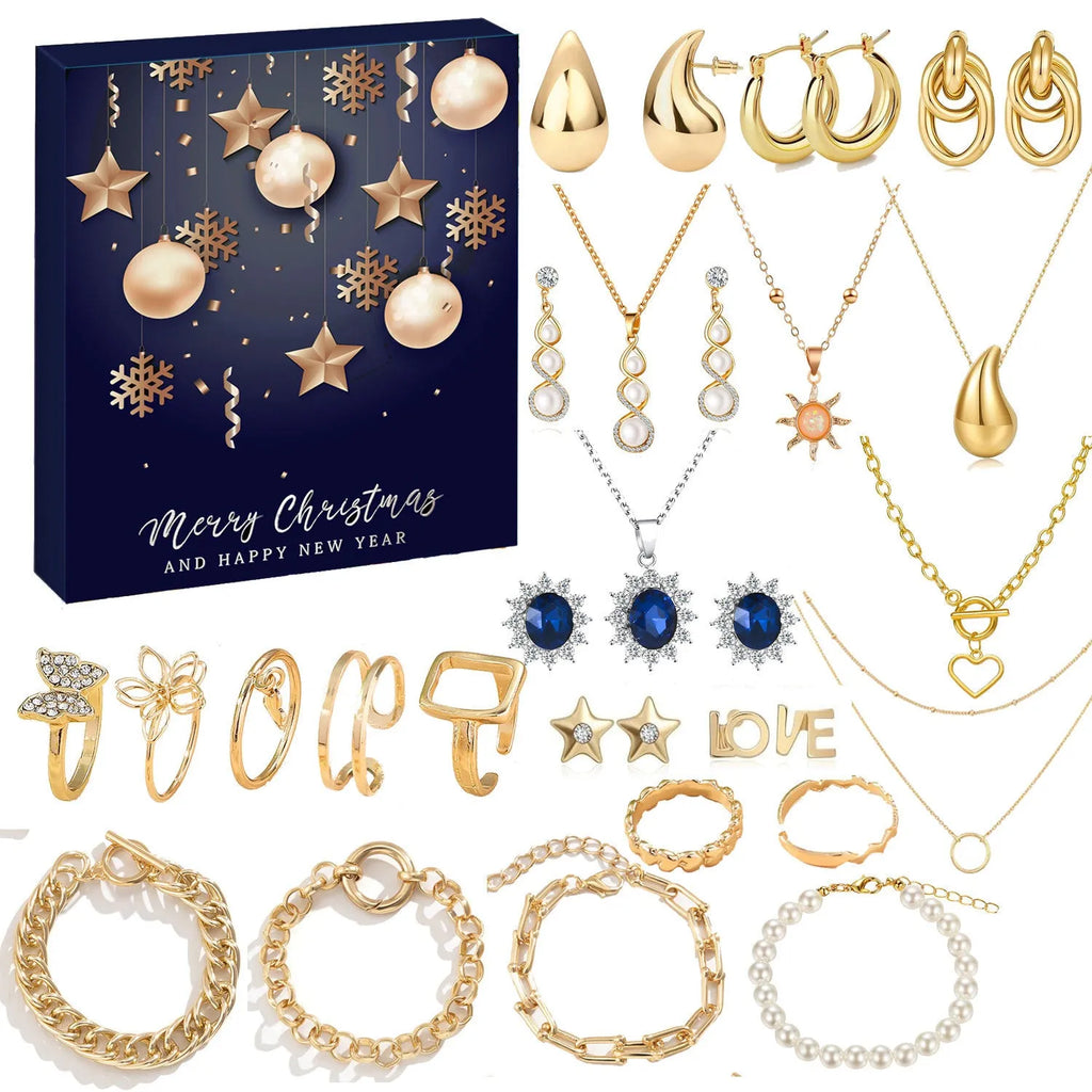 Christmas advent calendar jewellery set with earrings and necklace in alloy, three styles available, gift box packaging.