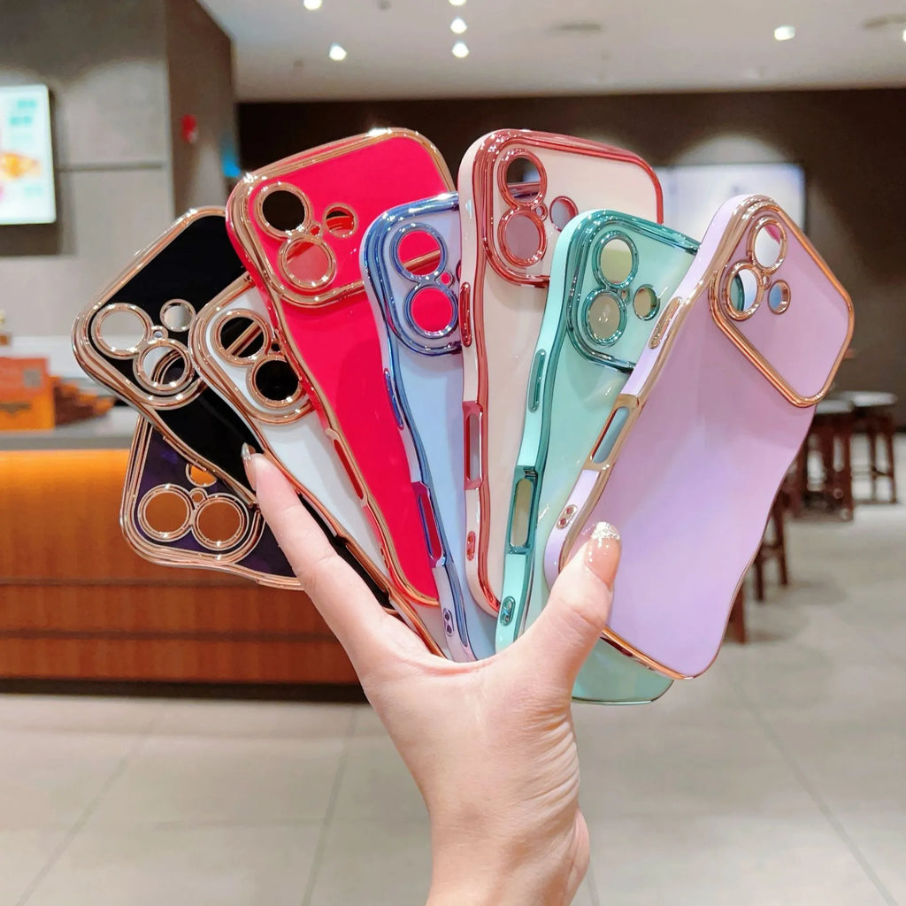 TPU phone case with electroplated wave design and large window, black colour, positioned to show reflective surface