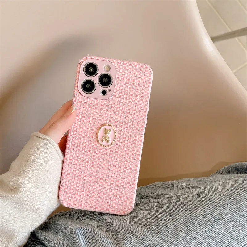 Woven bear flannelette phone case for iPhone in colourful pink with cute Japanese Korean cartoon design