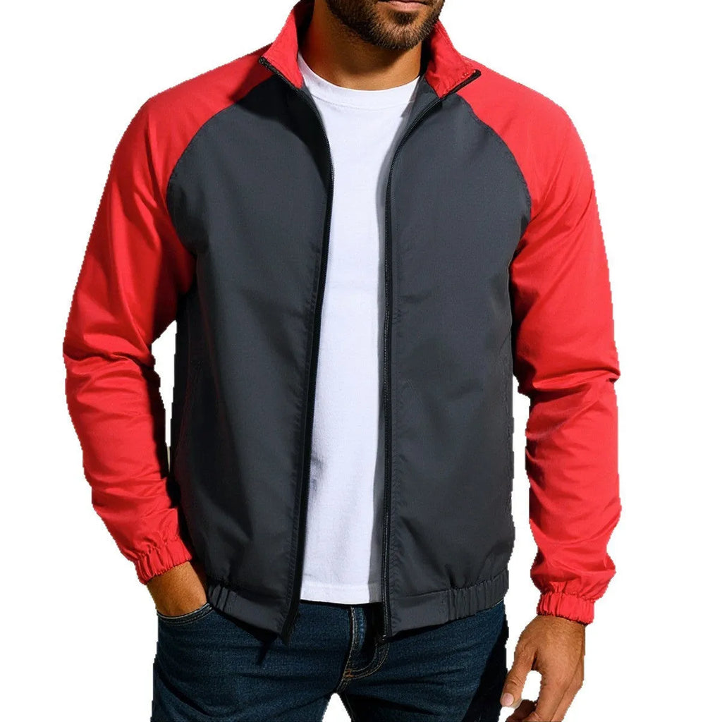Men's casual stand collar jacket with raglan sleeves in red, khaki, or green colour options