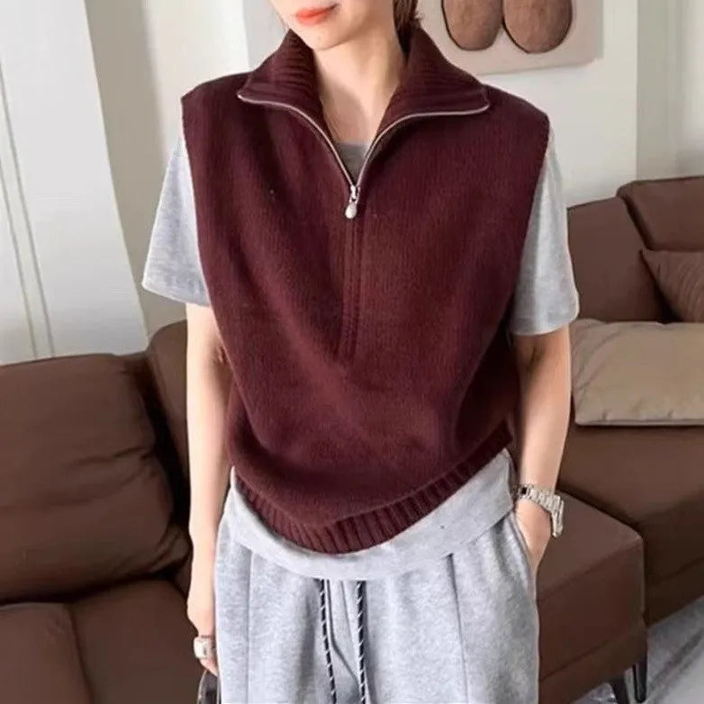 Retro half zip sleeveless mesh knit vest with 3D pattern in multiple colour options