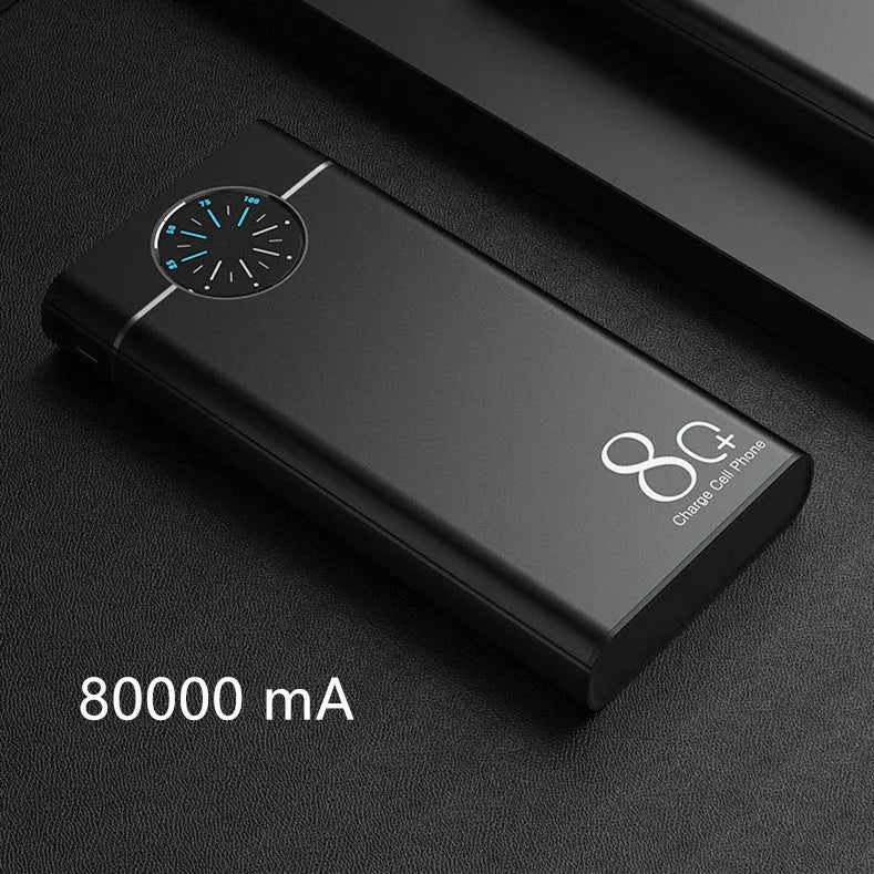 Black 20000mAh fast charging power bank with alloy shell and LED light