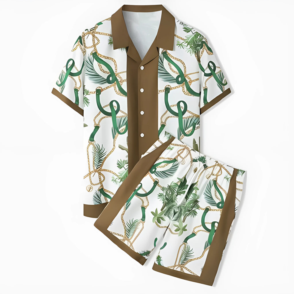 Plaid printed beach outfit set including short sleeve shirt and trousers for men and women