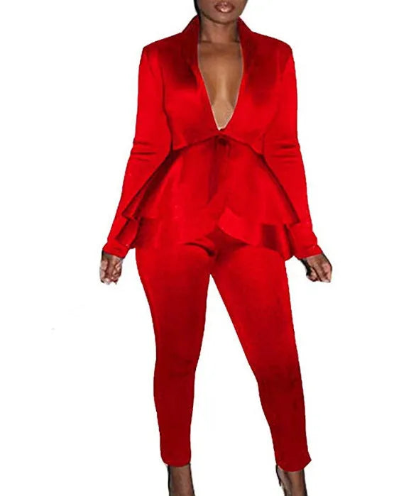 Women's ruffled air layer top and pencil pants business casual uniform set