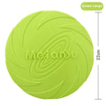 Soft rubber dog frisbee in blue, green, and red colours showing small, medium, and large size options