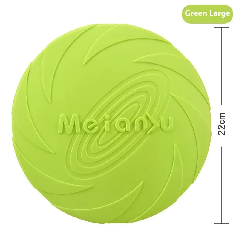 Soft rubber dog frisbee in blue, green, and red colours showing small, medium, and large size options