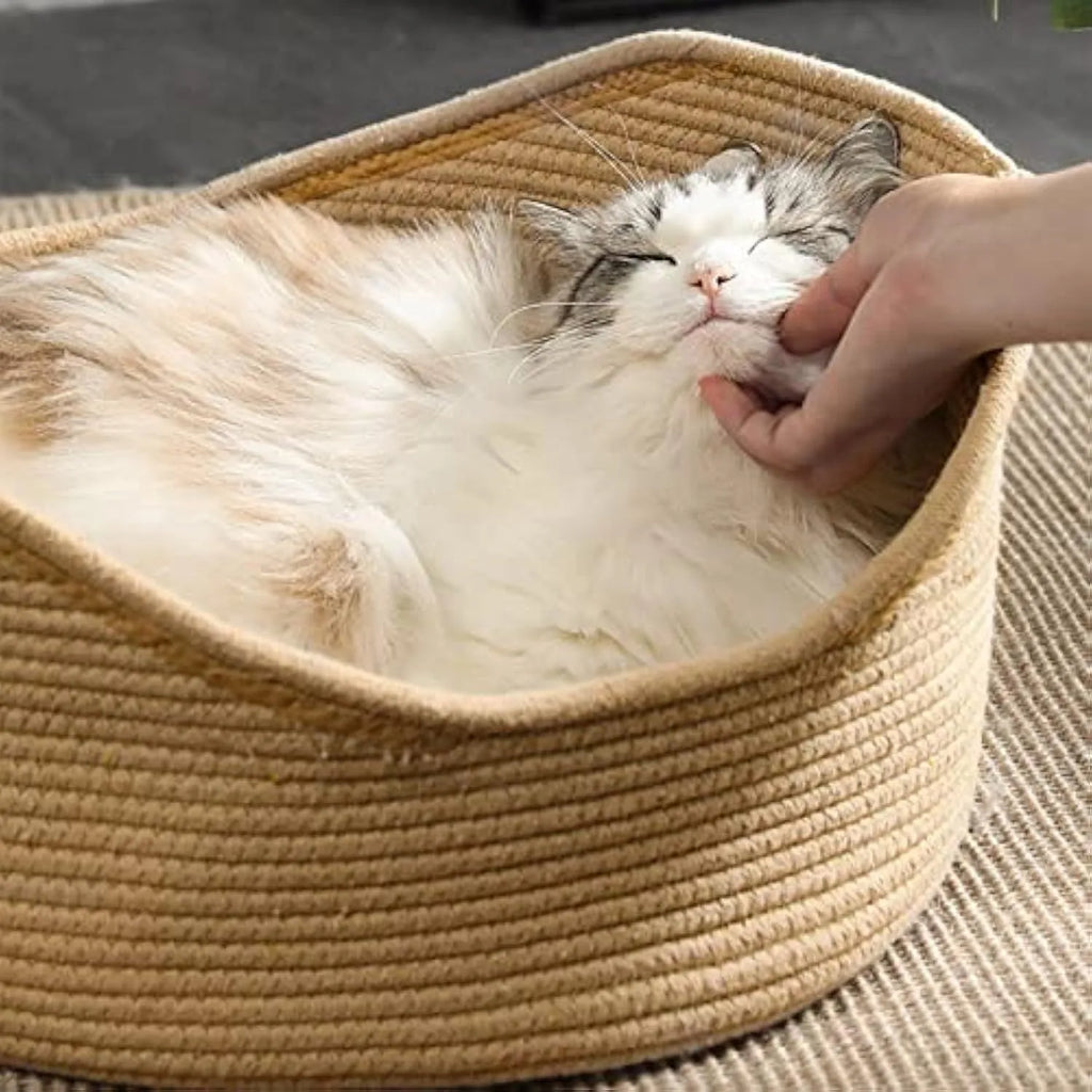 Wicker cat bed basket with a corrugated scratching board inside, shown in a home setting.