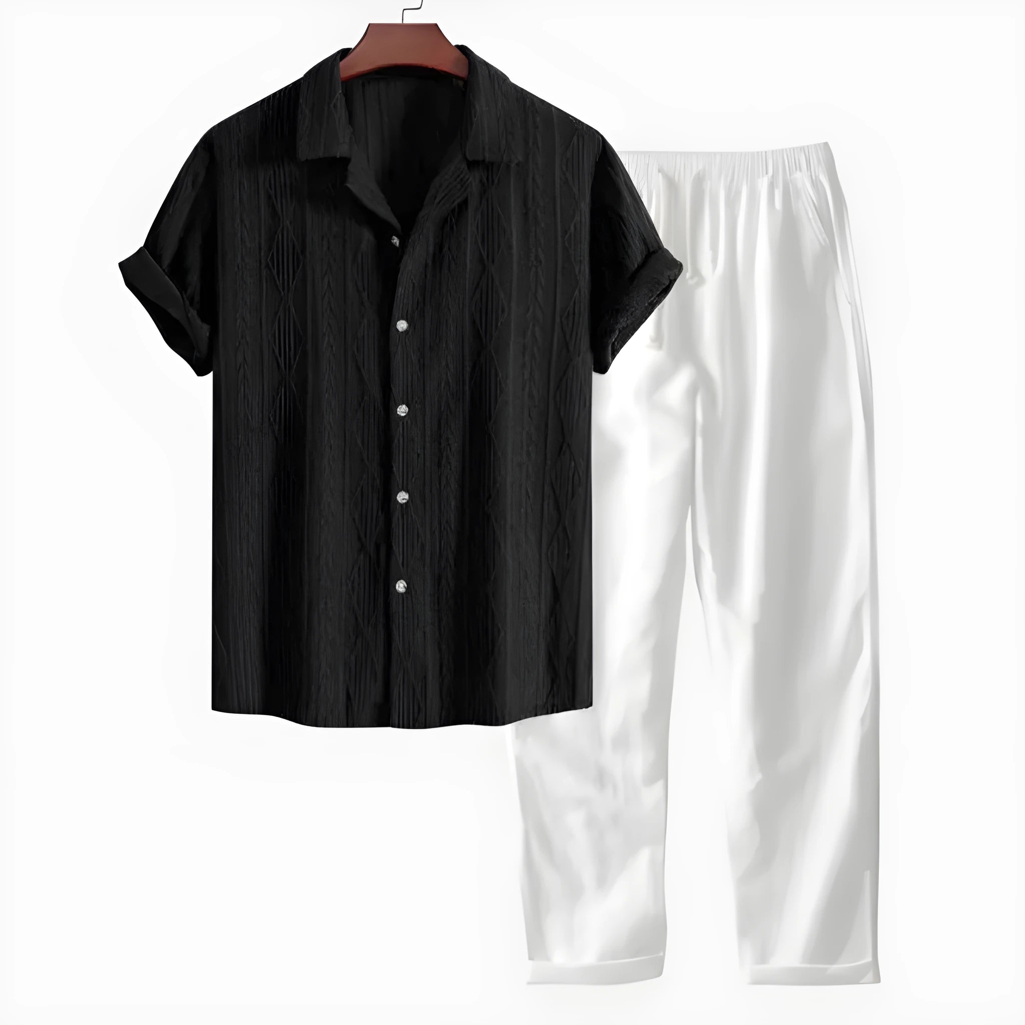 Men's short sleeve shirt and trousers set with camouflage digital print in slim fit