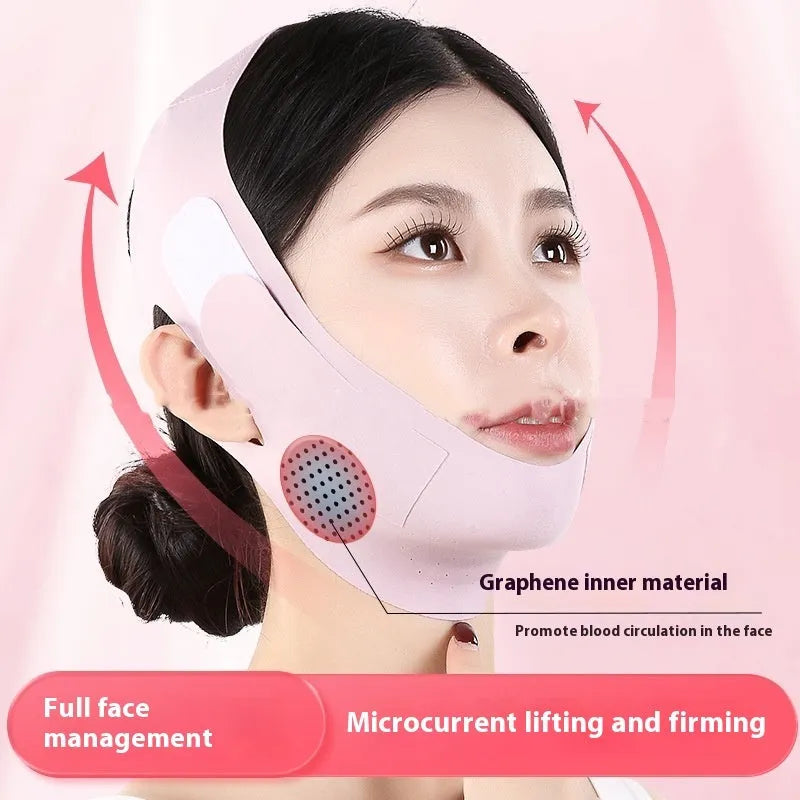 Purple and green V face shaping mask made from light breathable fabric for daily support.