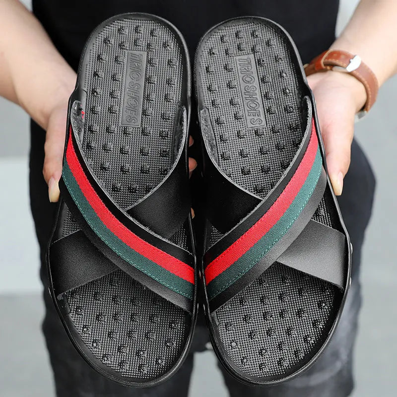 Men's cowhide leather beach sandals with non-slip PU soles in white, blue or black colours