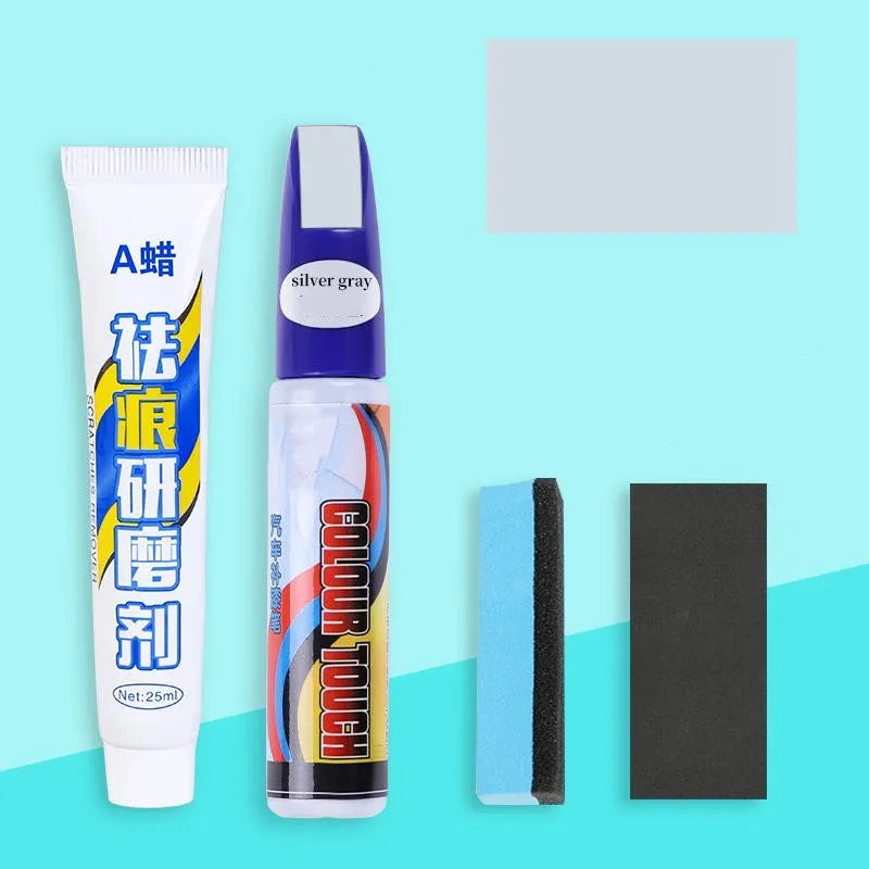 Automotive paint repair pen kit with scratch removal fluid and touch-up paint in universal colours