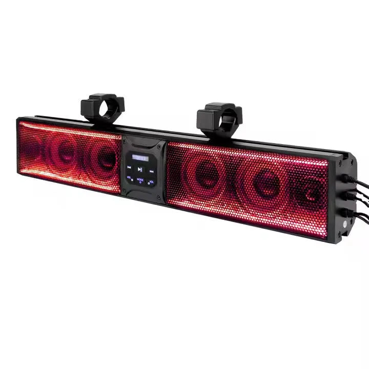 Long plastic Bluetooth audio speaker belt for mounting on a golf cart or ATV.