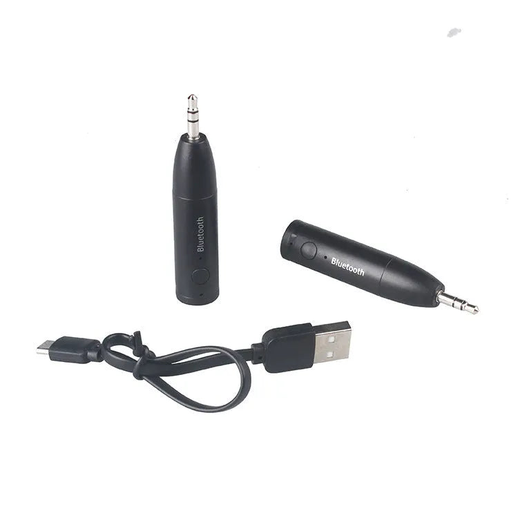 Compact black Bluetooth audio receiver for car and home stereo AUX inputs