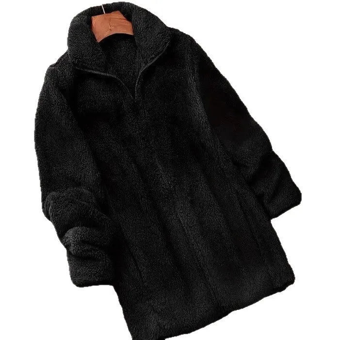 Double-sided velvet fleece coat in black, navy blue, or khaki with Asian sizing options