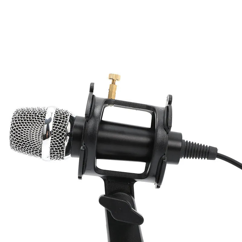 Black mini condenser microphone mounted on aluminium stand with 3.5mm and USB cables for live broadcasting
