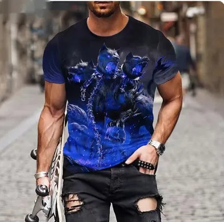 Men's grey t-shirt with a fierce lion's head 3D graphic print on the front.