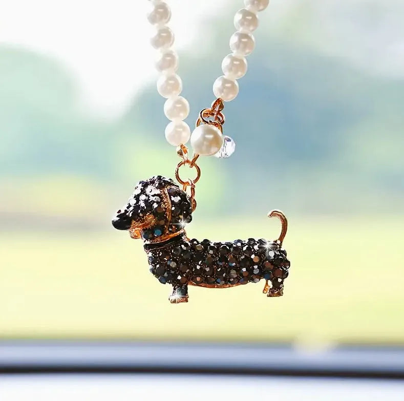 Dachshund car rearview mirror pendant in alloy, hanging car interior ornament in champagne, grey or black