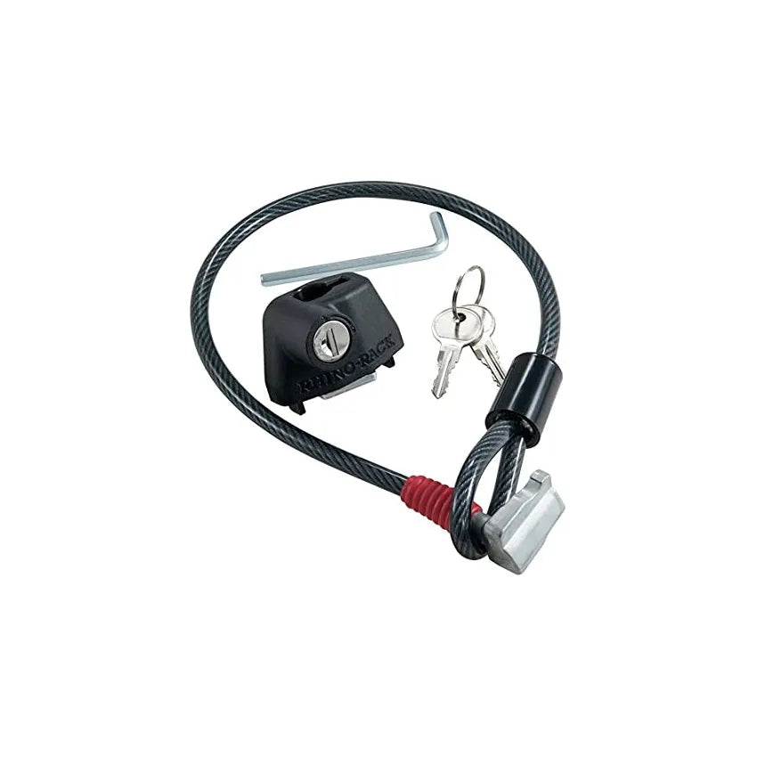 Plastic-sheathed steel cable lock for securing equipment to a roof rack or ladder.