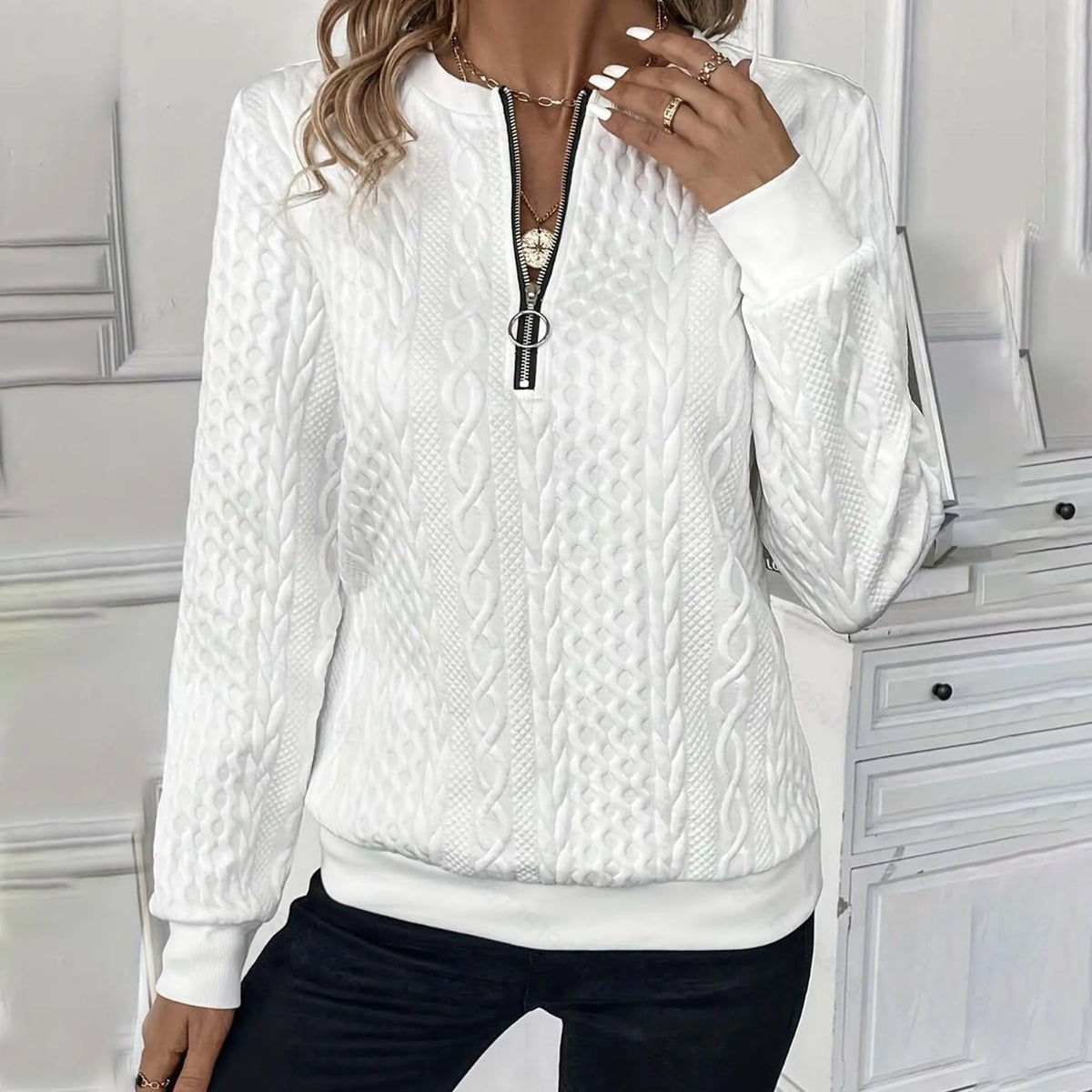 Women's loose fit zipper cardigan coat with 3D effect pattern in khaki colour, polyester fabric, front zipper closure