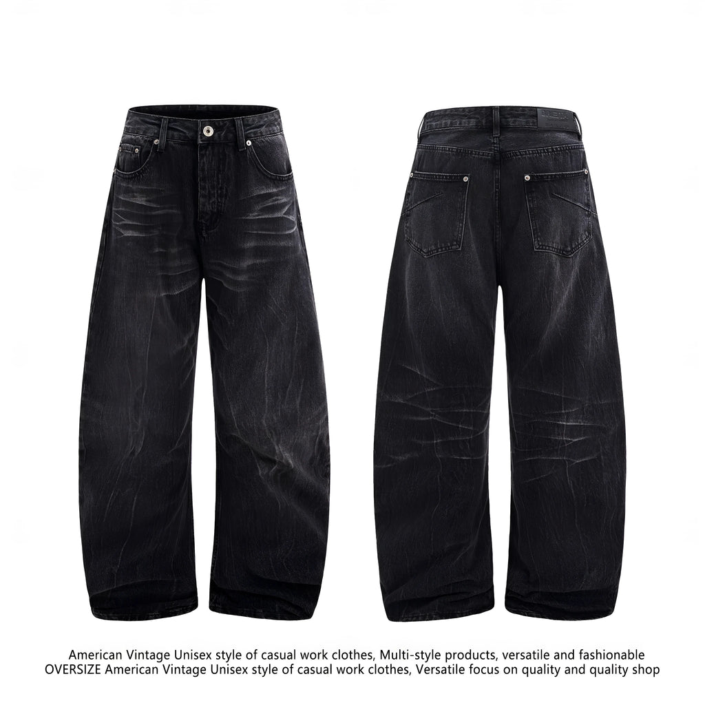 Men's black straight-leg jeans with a lightning crack wash pattern on cotton denim.