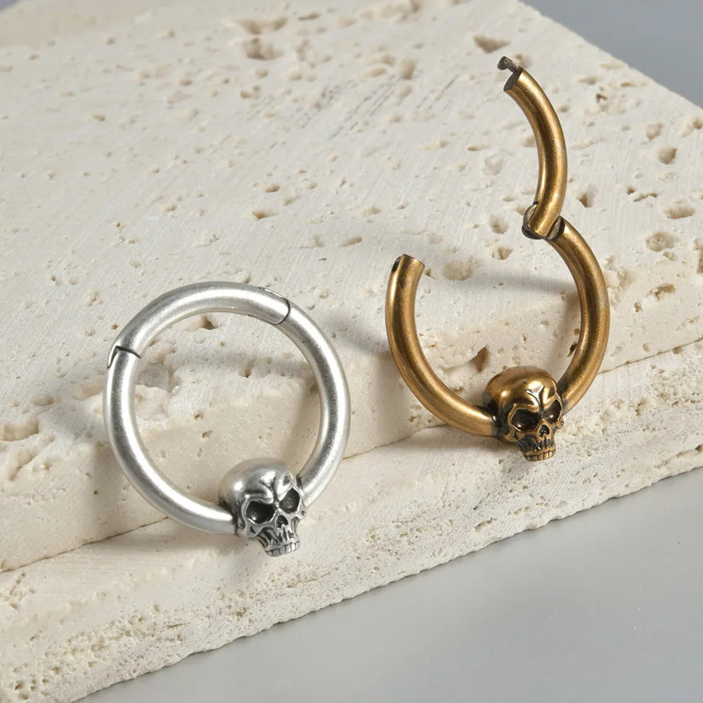 Copper punk earrings with ghost head design in antique silver or ancient gold finish