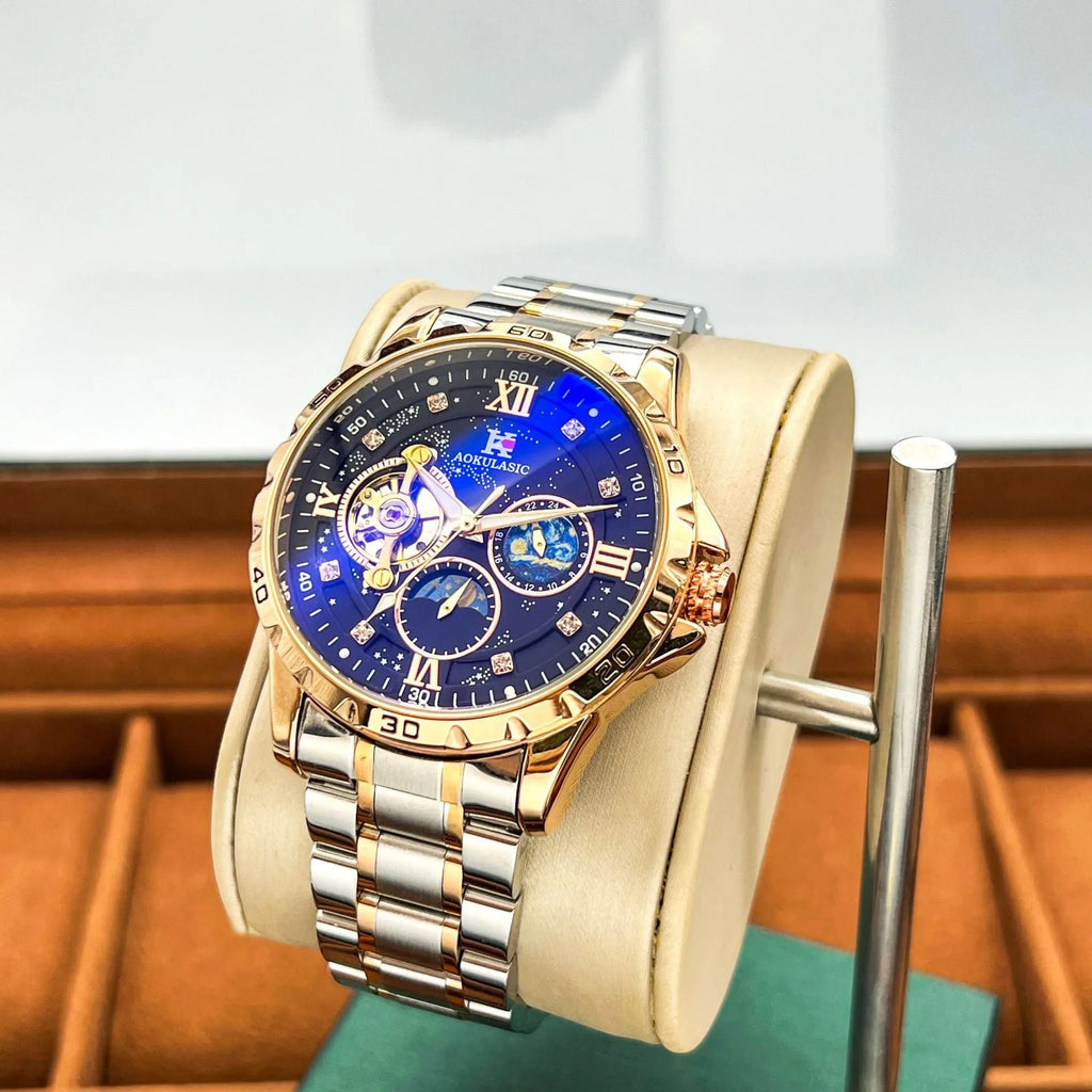 Automatic mechanical men's watch with rose gold shell and black dial showing day-date function