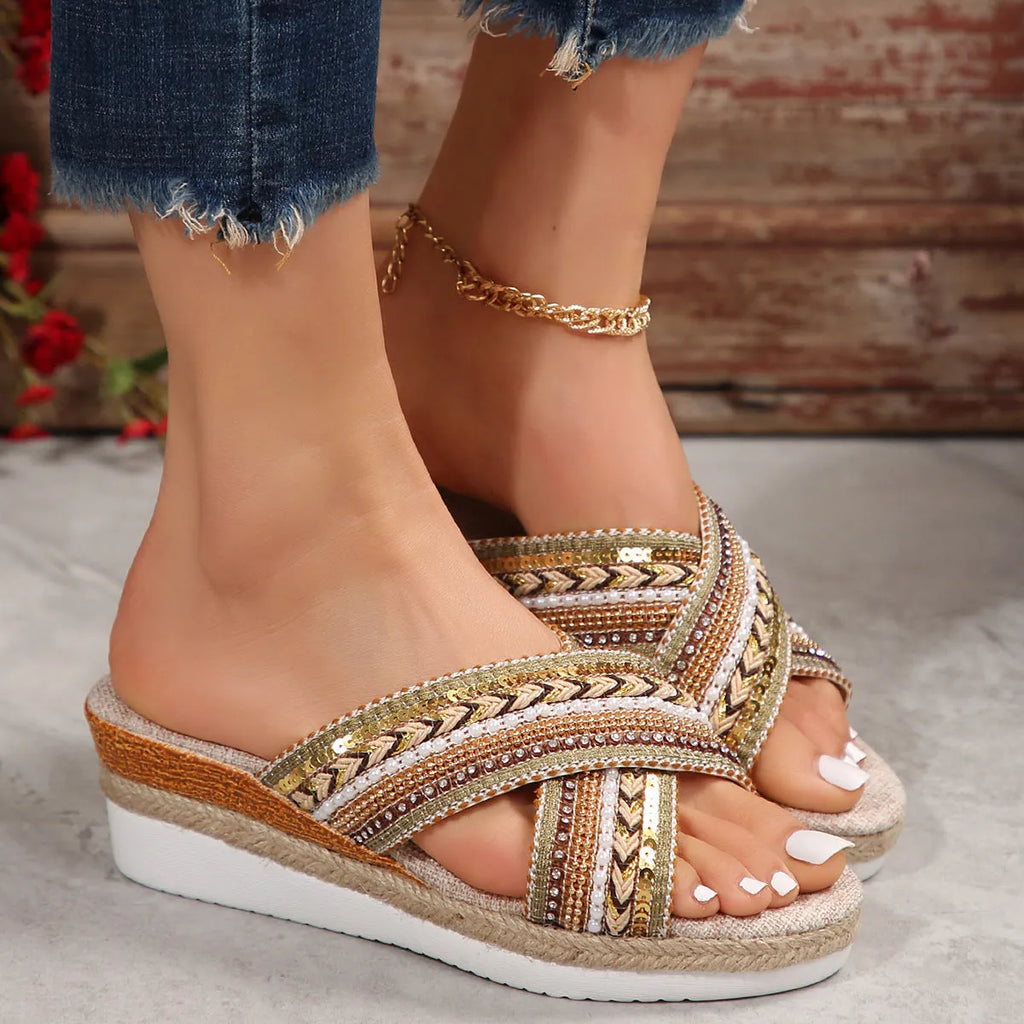 Linen wedge sandals for women with ethnic cross-straps, round toe, beige colour, non-slip rubber sole