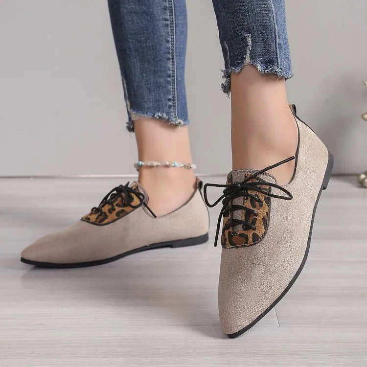 Beige leopard print women's pointed toe pumps with artificial PU upper and rubber sole