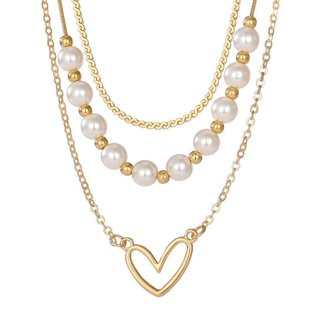 Vintage gold heart necklace with pearl chain and adjustable 41-50cm length