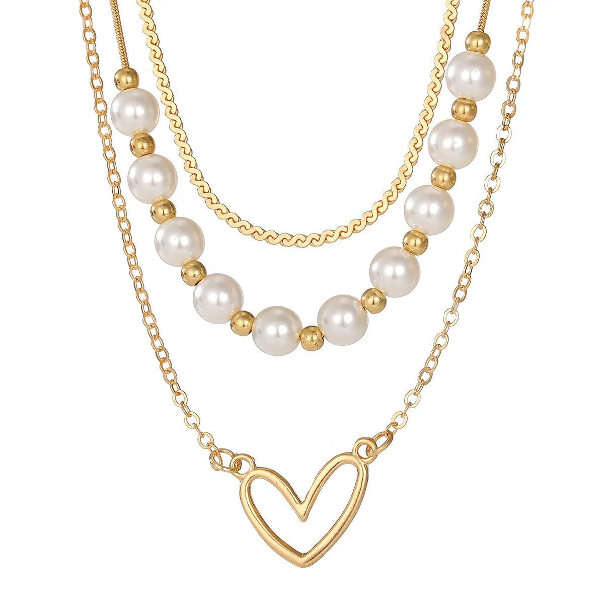 Vintage gold heart necklace with pearl chain and adjustable 41-50cm length