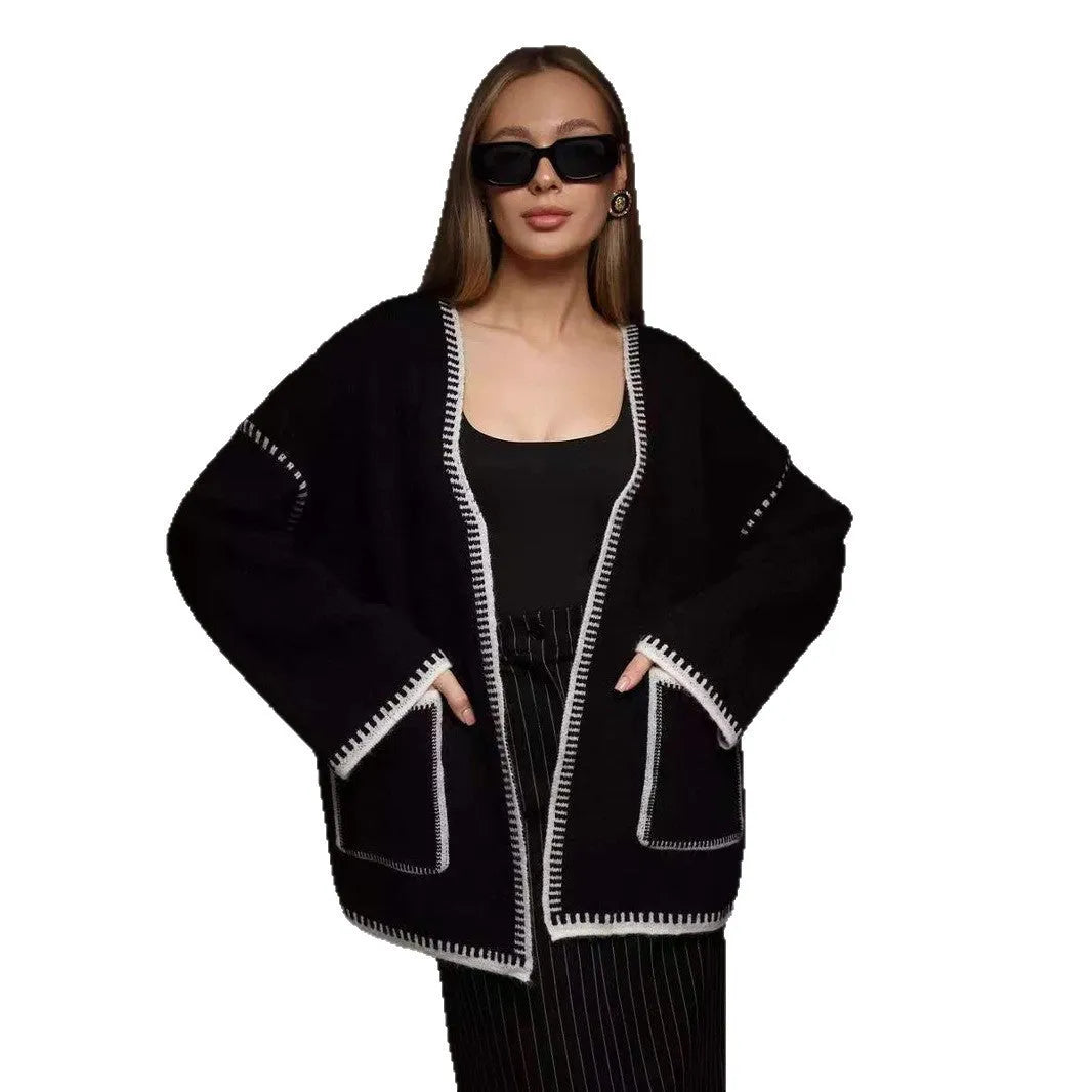 Loose knitted cardigan sweater coat with lace-up front detail in camel colour