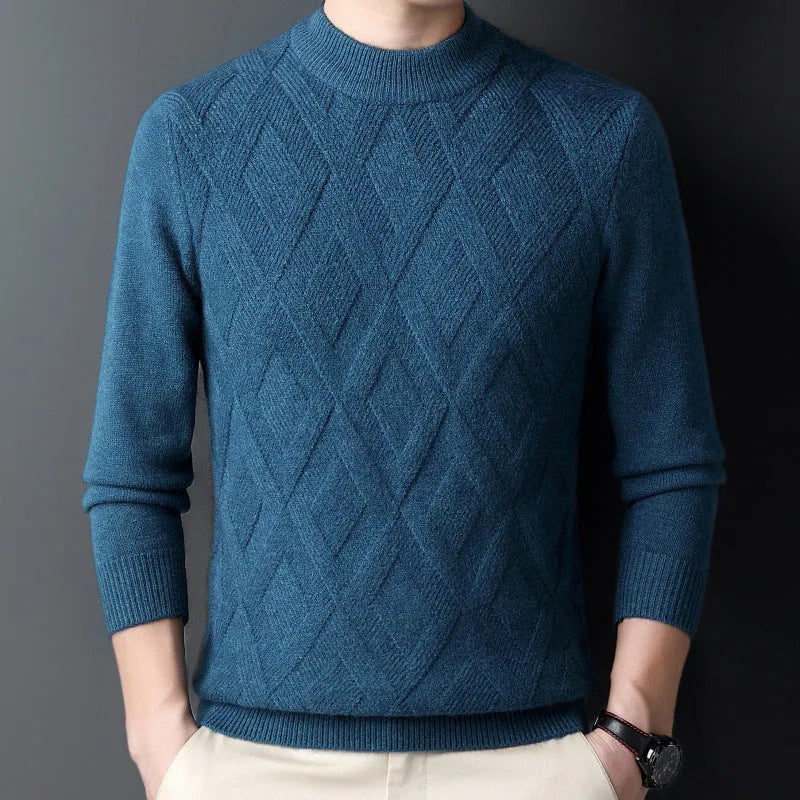 Men's plus size diamond jacquard pullover sweater in light camel colour for winter.