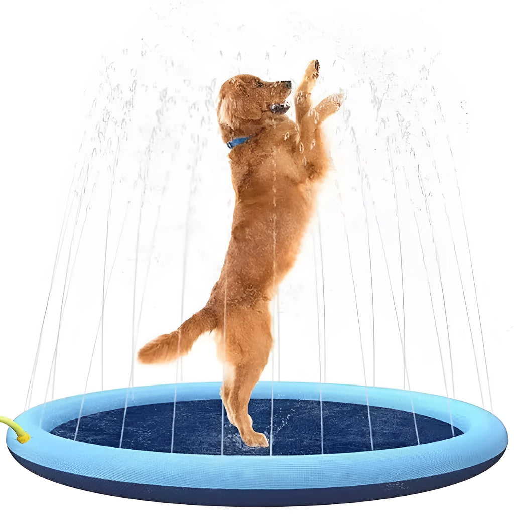 Large inflatable anti-slip dog sprinkler mat splash pad with water jets spraying, shown in a garden.