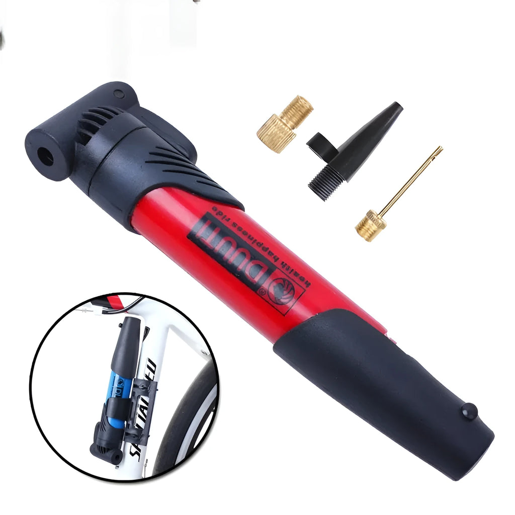 Mini plastic bicycle inflator for mountain bikes, shown in a choice of seven colours