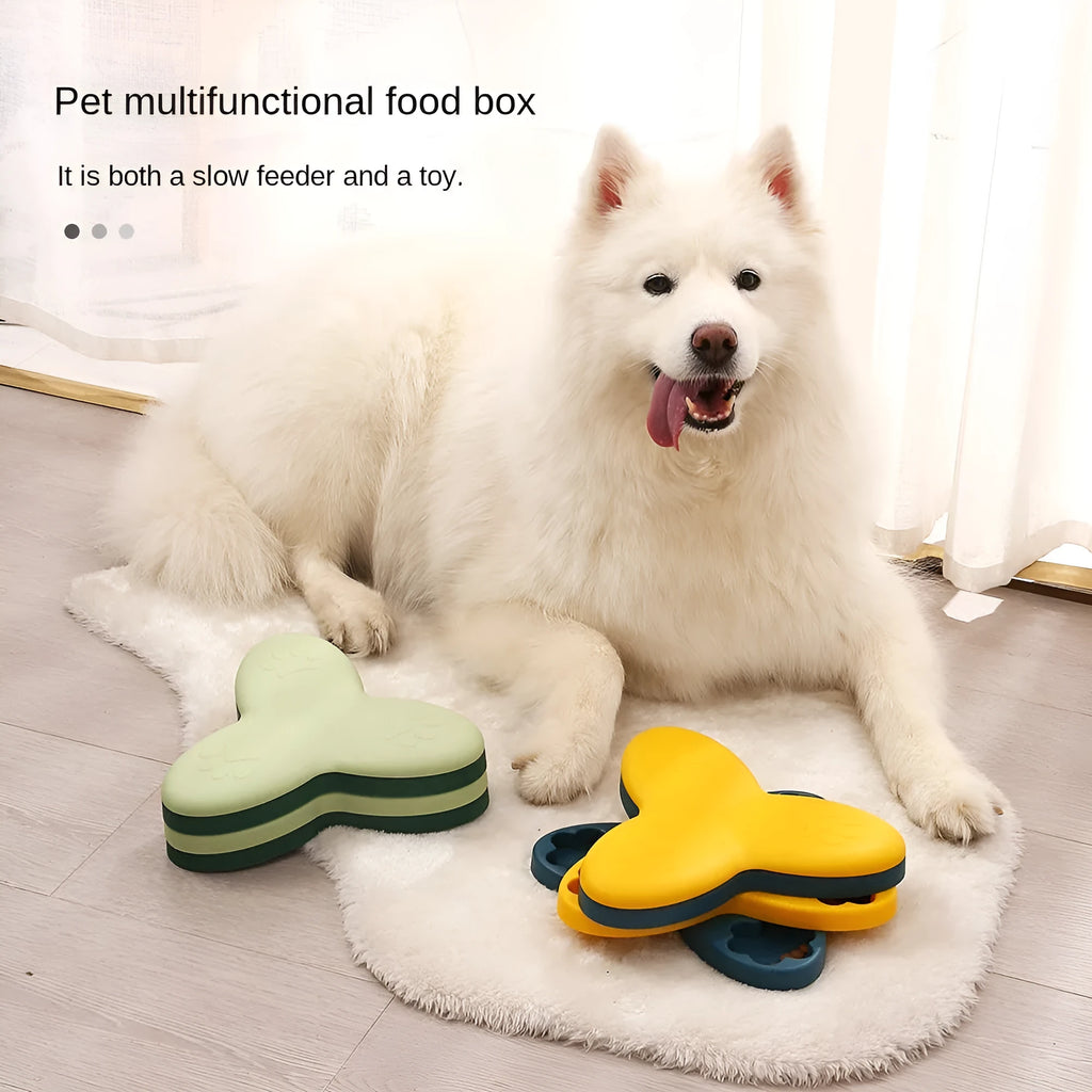 Green and yellow dog puzzle toy slow feeder with nine hidden treat compartments and bone covers
