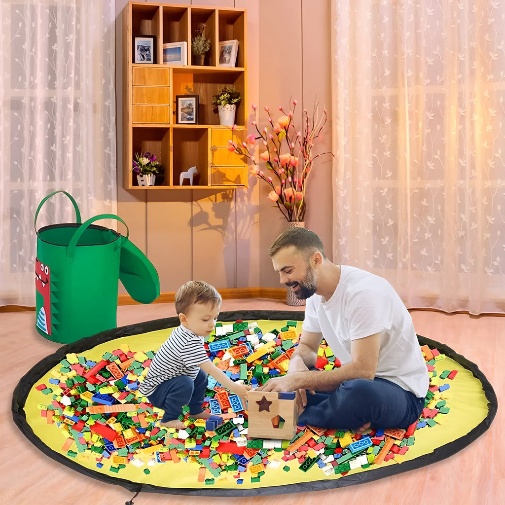 Green felt storage cube with pull rope converts to flat play mat for toy organisation