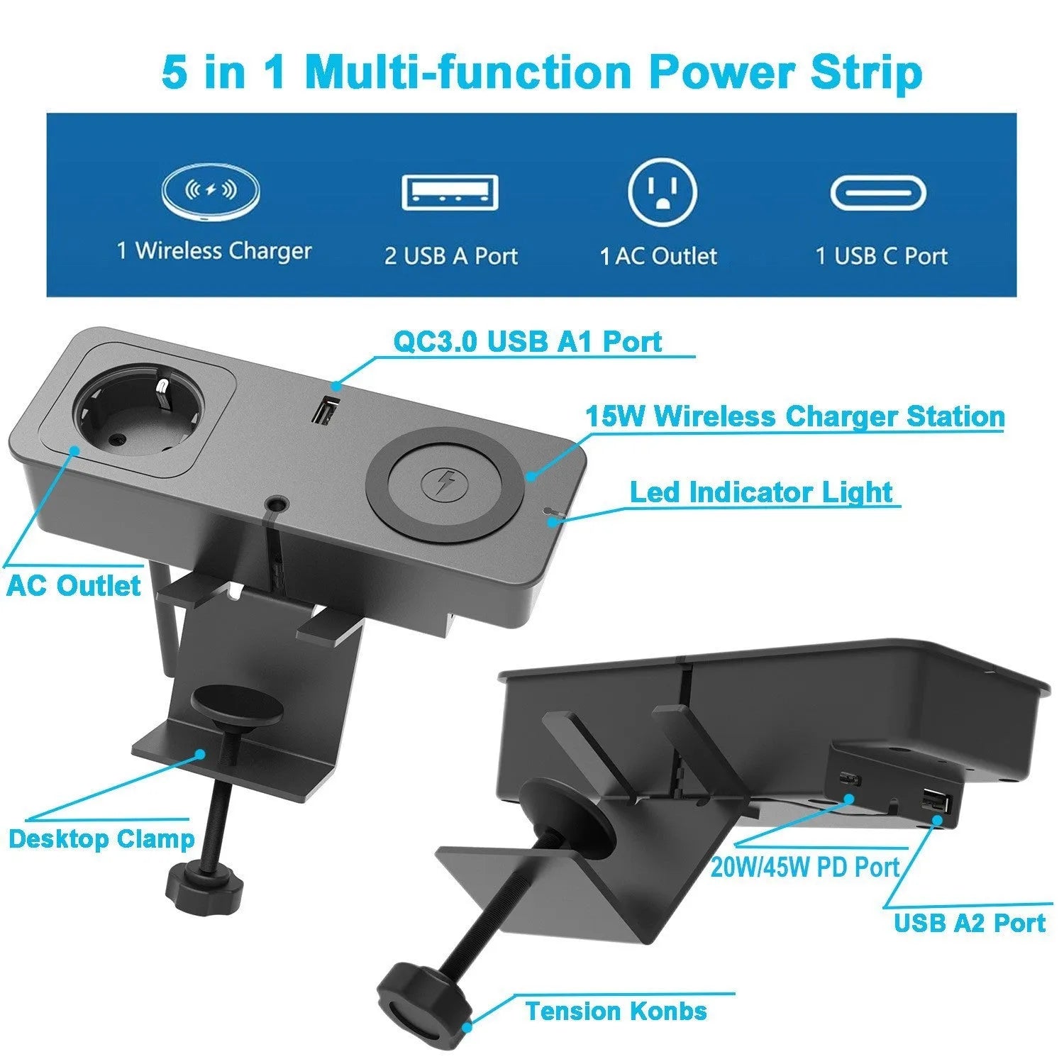 Black European standard quick charge socket with Type-C port for desktop use